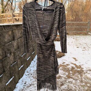 Knit Fringe Longsleeve Wrap Dress in Grey and Black